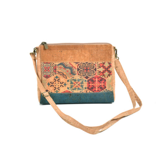 Cork natural blue pattern sewn small satchel-1
