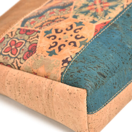Cork natural blue pattern sewn small satchel-4