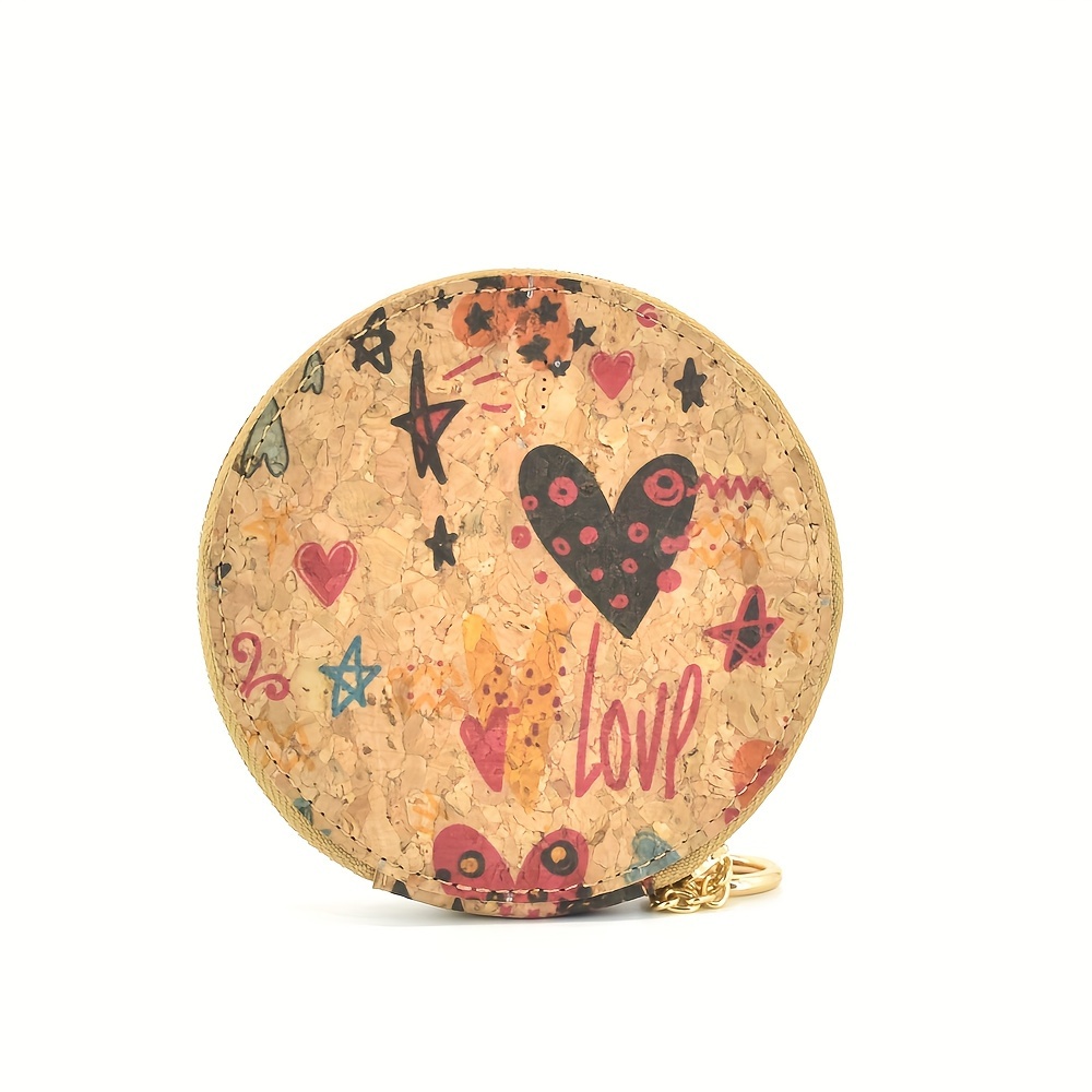 Bolsa redonda de corcho con cremallera y patrón de amor vintage